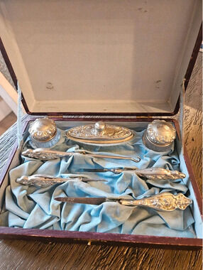 Antique Victorian German Silver vanity set manicure grooming jars case